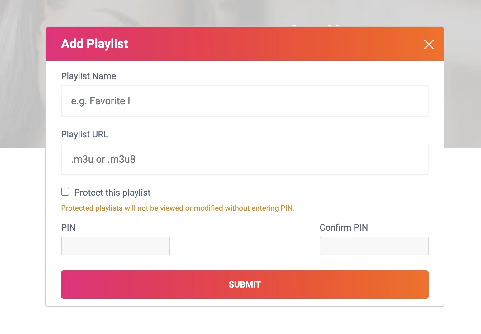 نافذة Add Playlist في IBO Player Pro مع اسم القائمة ورابطها وخيار الحماية برمز PIN