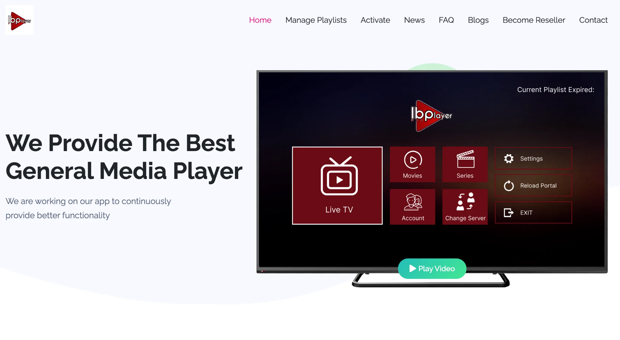 واجهة موقع iboproapp.com مع خيار Manage Playlists وصورة تطبيق IBO Player Pro