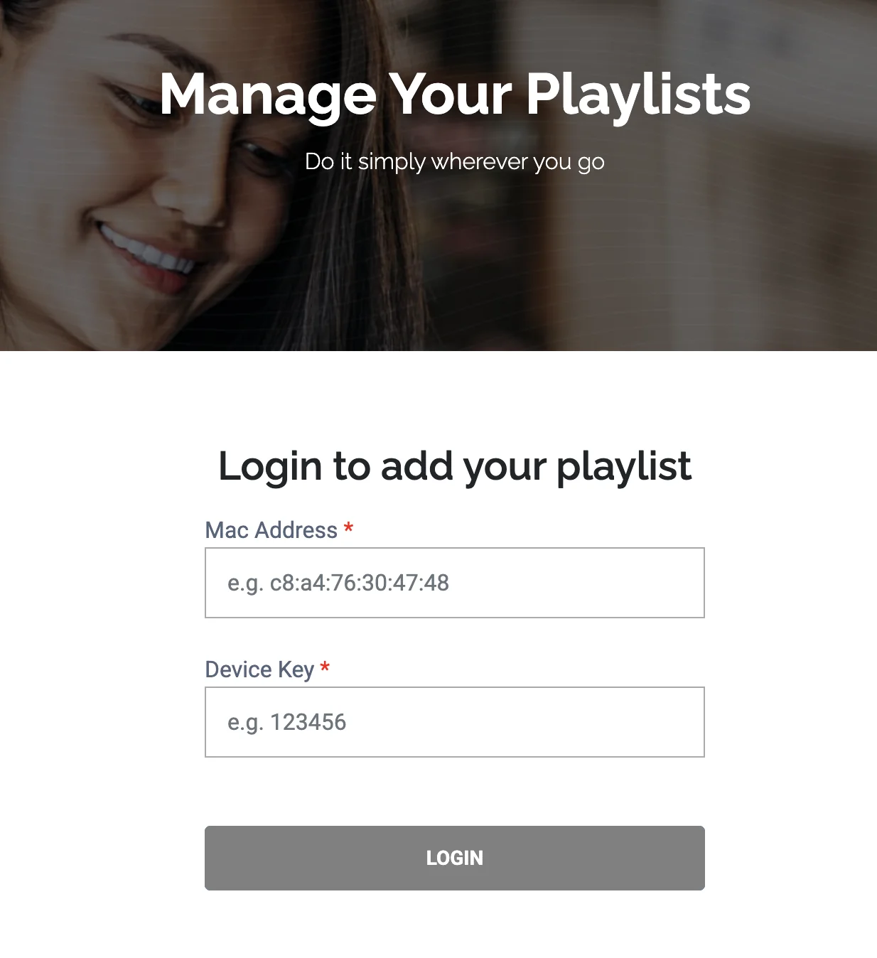 صفحة دخول IBO Player Pro بحقلَي Mac Address وDevice Key وزر LOGIN